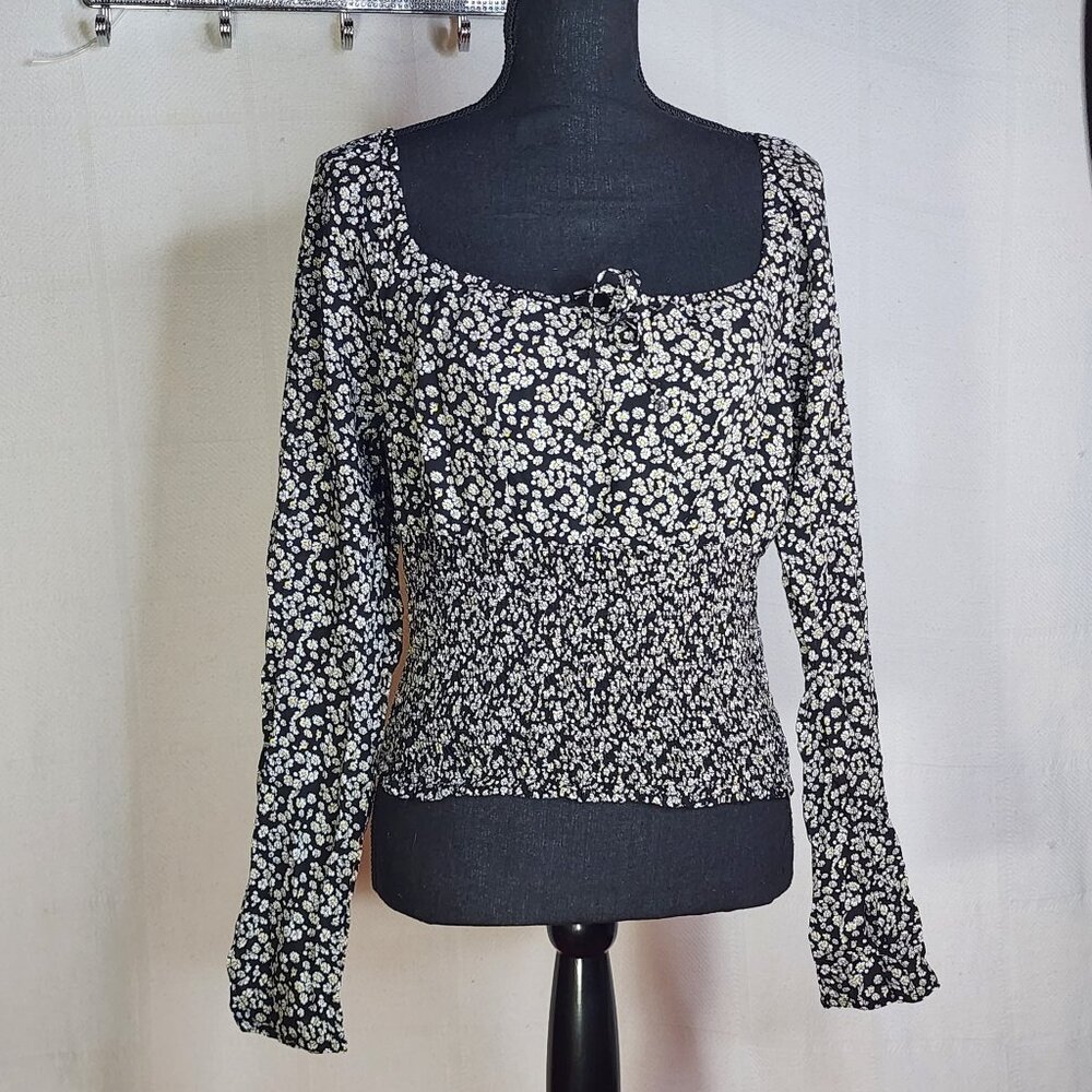 Polly & Esther Black White Yellow Floral Smock Drop Shoulder Milkmaid Top Jr XL